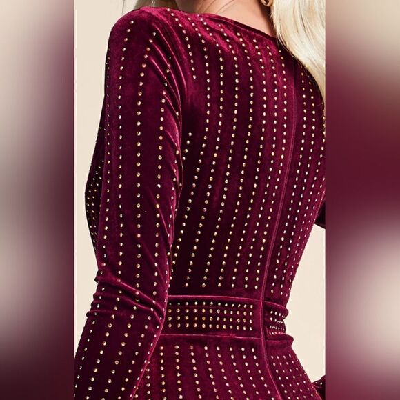 Stunning Venus S Crystal Embellished Maroon Stretch Velvet Mini Dress - Picture 5 of 11